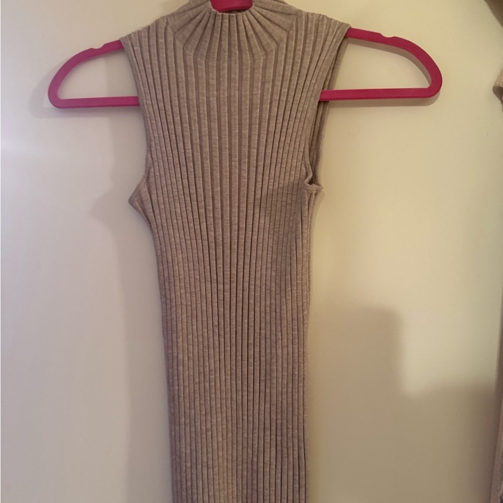 Cyrus Ribbed Sleeveless Mock Neck Dress in Taupe